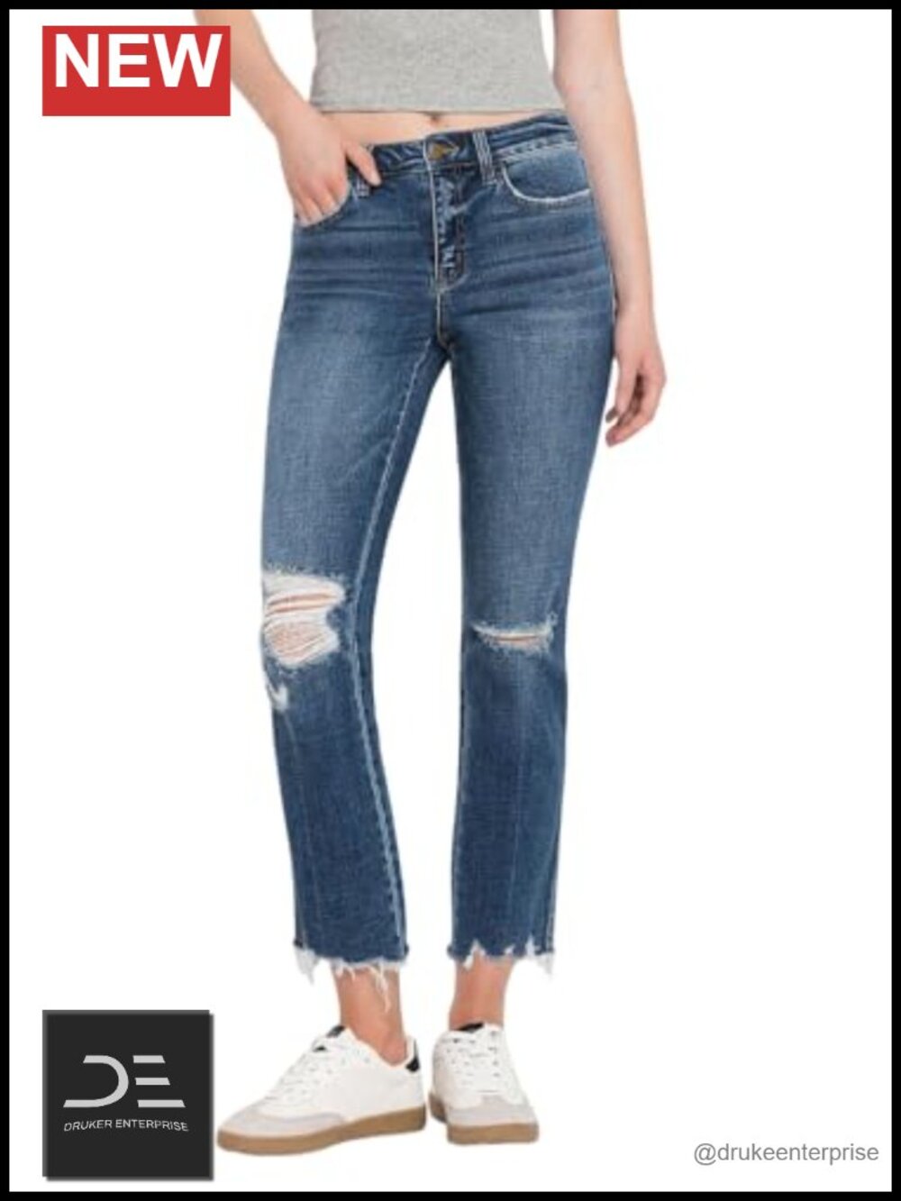 Mid Rise Crop Slim Straight Jeans 27" Inseam Raw Hem Cotton Stretch Denim